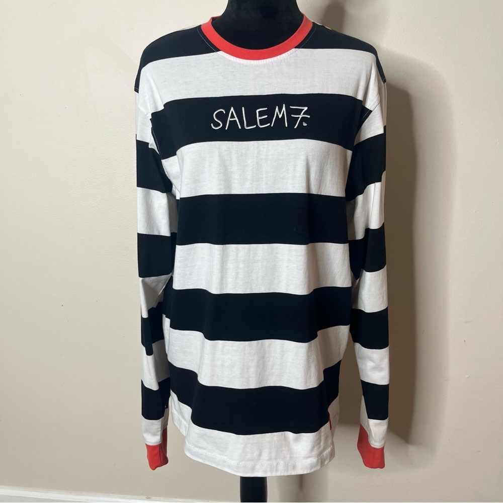 Salem 7 Men’s Black/White Striped Orange Trim Crewneck Long Sleeve‎ T~Shirt Sz M